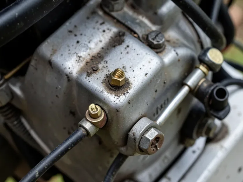 Close-up of a two-stroke chainsaw carburetor and fuel line fittings
