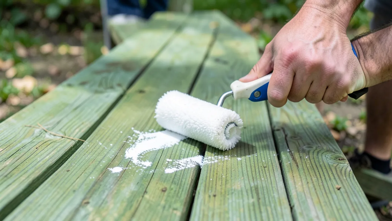 Priming a pressure treated deck board with a paint roller before painting