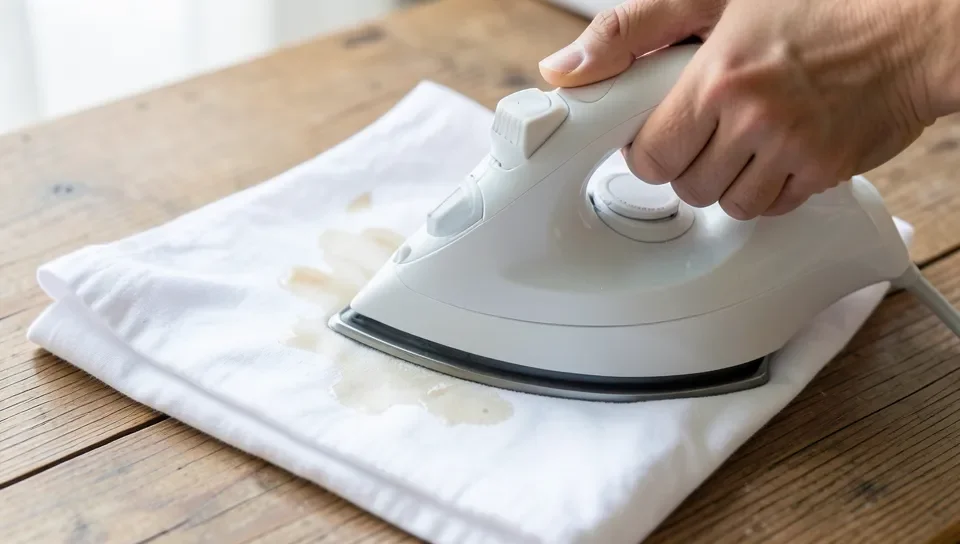 Using a clothes iron over a folded cloth to lift a water stain from a wood surface with heat