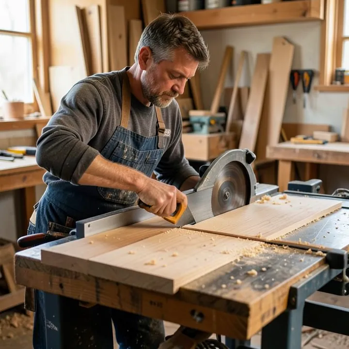 Cutting a wood panel on a table saw Carpenter guiding a wood panel through a table saw blade in a workshop