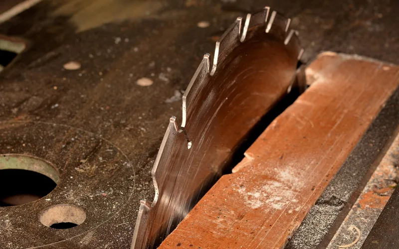 Close-up of a saw blade cutting wood, showing the type of blade wear that eventually requires replacement