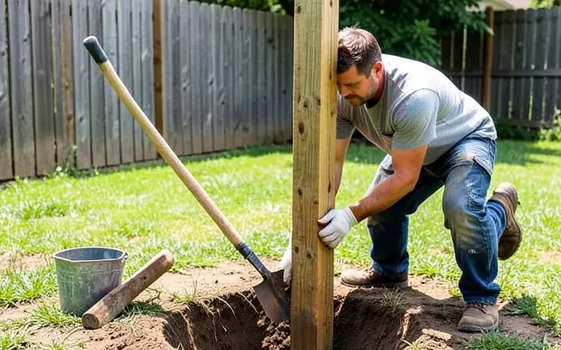 Person setting a pressure treated wood fence post upright in a freshly dug hole