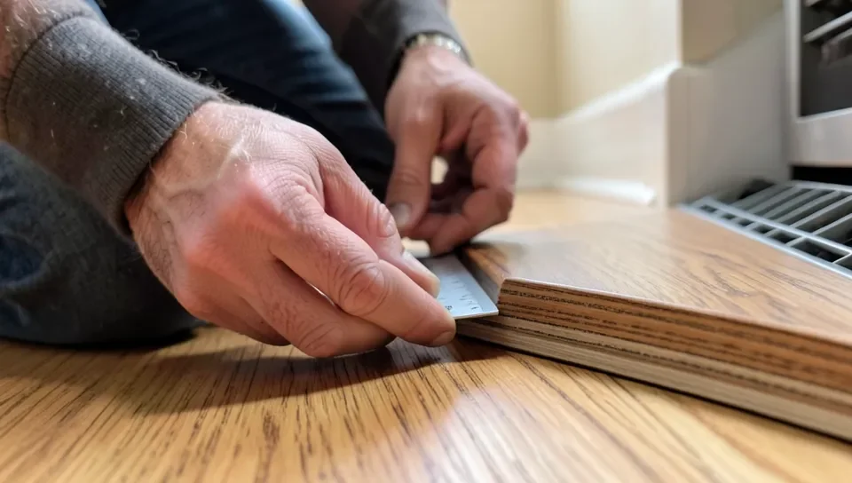 Person measuring plank edge thickness near a vent register to check if a floor is solid or engineered hardwood