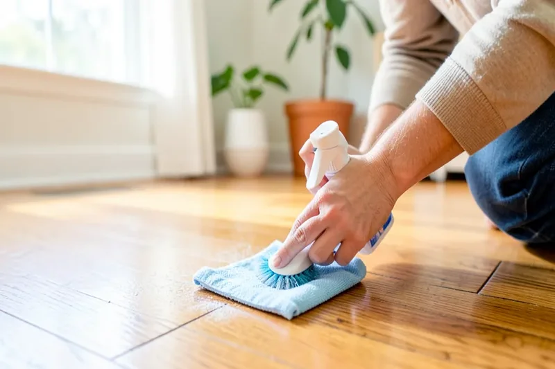Applying pet stain and odor remover to a hardwood floor with a cloth
