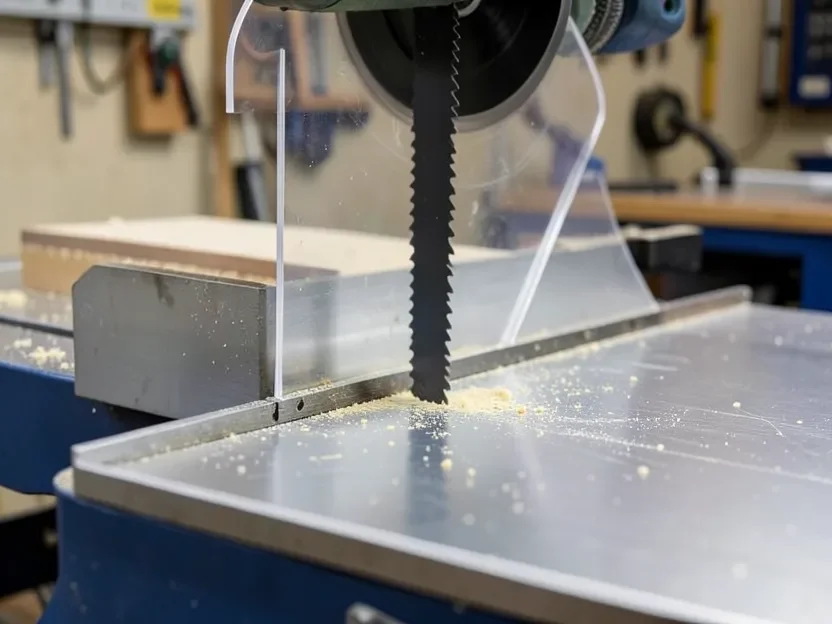 Close-up of a table saw riving knife and blade guard behind the blade