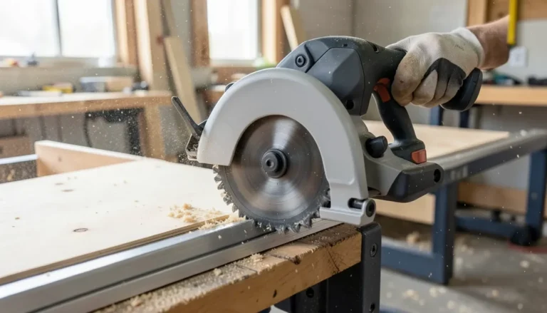 Cordless track saw cutting a sheet of plywood along a metal guide rail