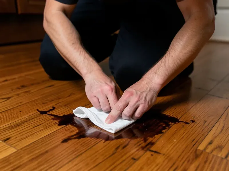 Applying a hydrogen-peroxide-soaked cloth to a black water stain on a hardwood floor