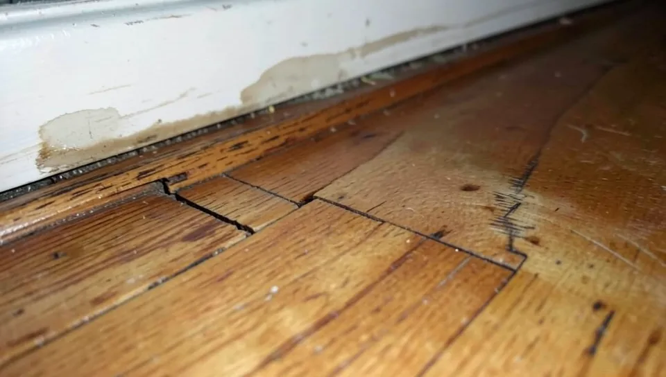 Cupped and warped hardwood floorboard from trapped moisture Cupped and warped hardwood floorboard from trapped moisture