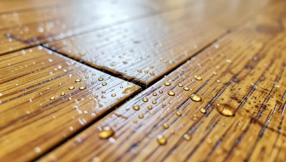 Water droplets sitting on a hardwood floor seam