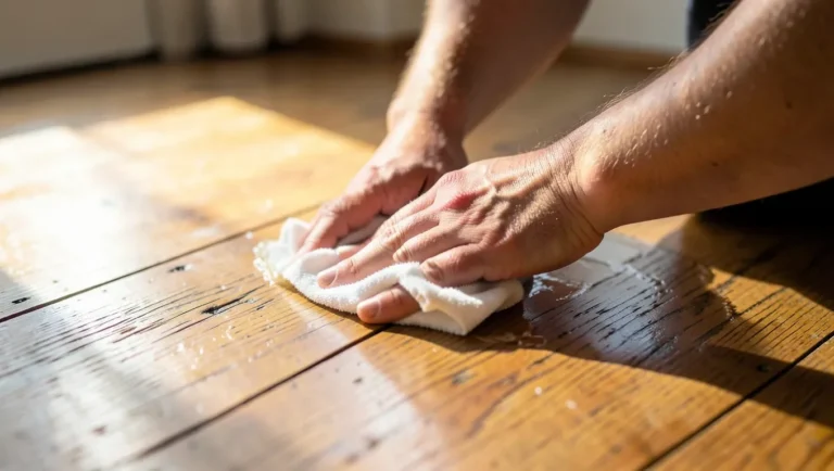 Hands applying paste wax with a cloth to an old hardwood floor in sunlight