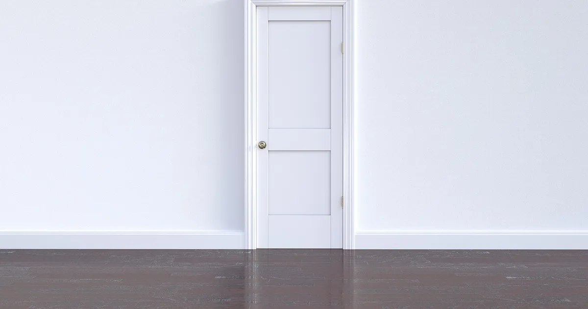 White paneled interior door with white casing and baseboard trim on a dark wood floor