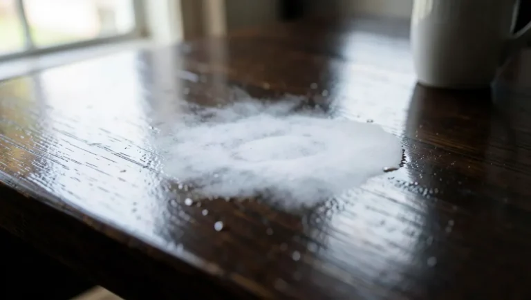 White cloudy water ring stain on a dark wood table finish near a coffee mug