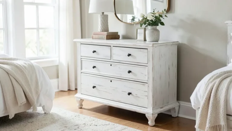 Whitewashed wood dresser in a bright farmhouse-style bedroom