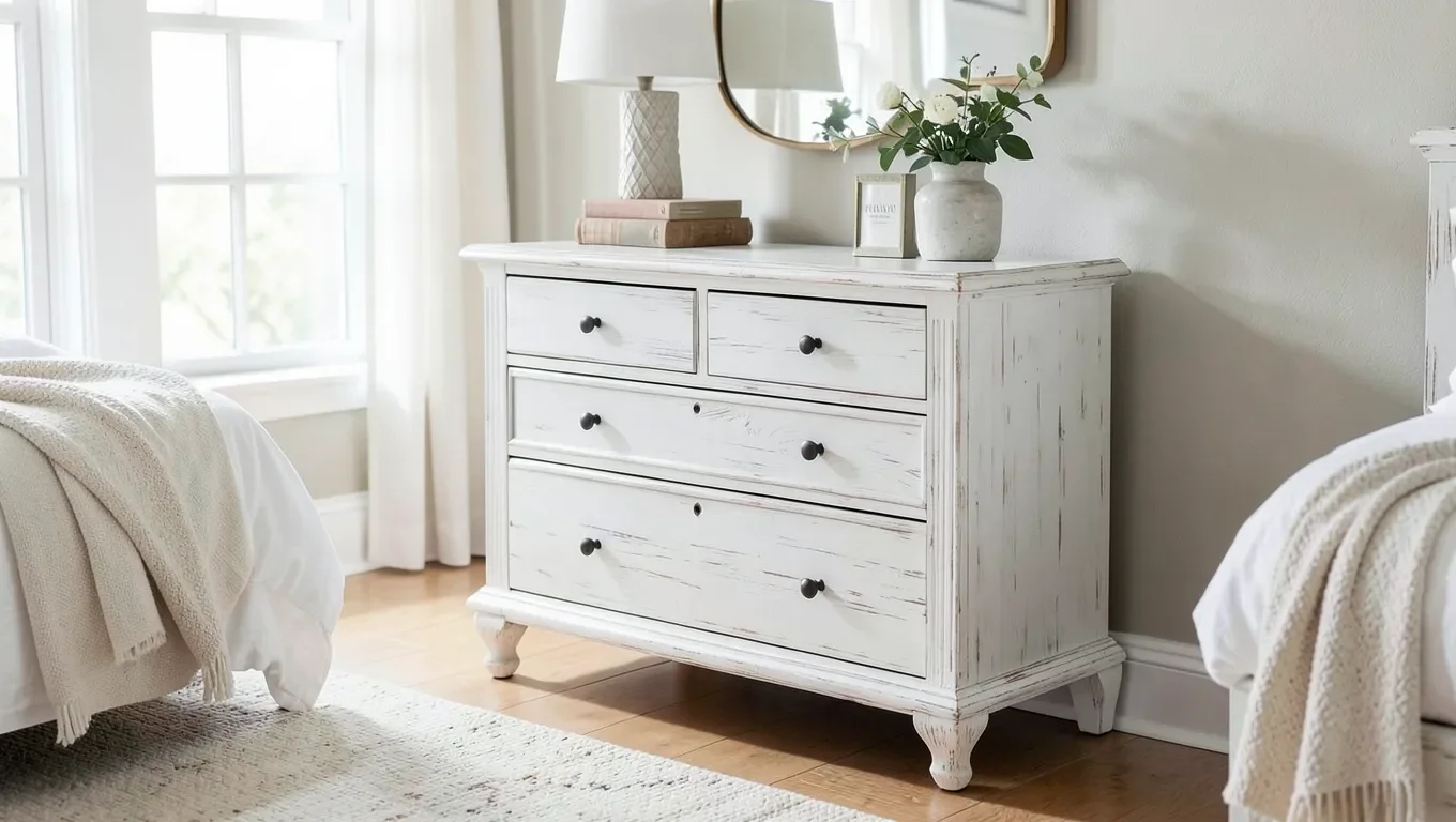 Whitewashed wood dresser in a bright farmhouse-style bedroom