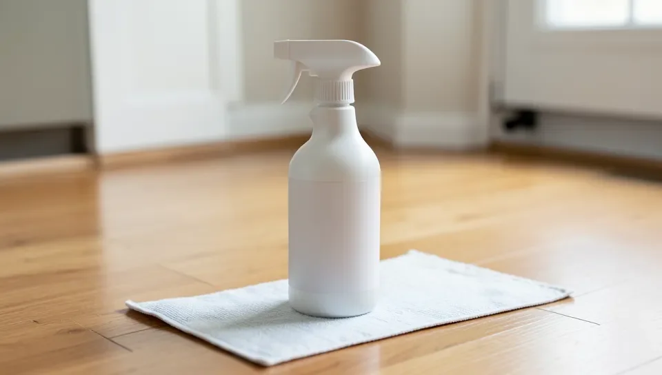 A spray bottle of wood floor cleaner next to a microfiber mop pad