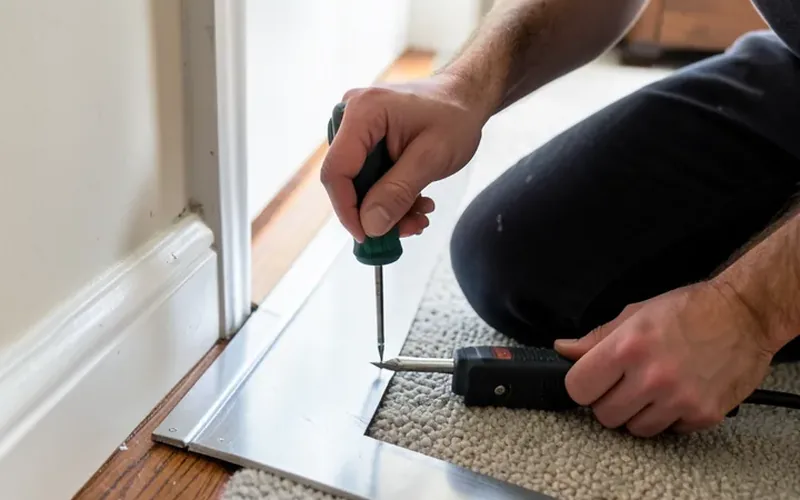 installer securing an aluminum transition strip between hardwood floor and carpet with a screwdriver