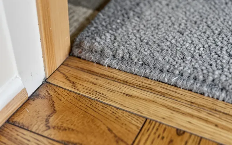 close-up of a wood transition strip bridging hardwood flooring and the edge of gray carpet