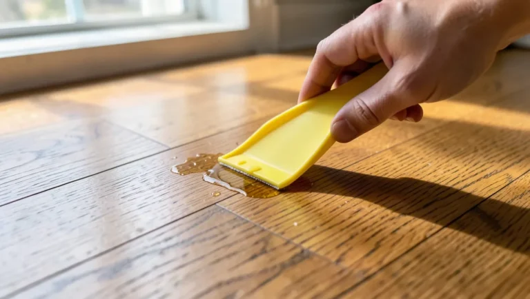 Plastic scraper lifting adhesive residue off a hardwood floor