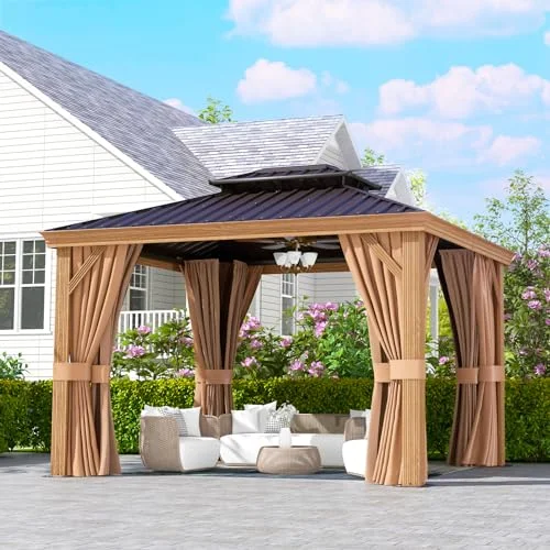 Aoxun 10' x 12' Gazebo, wooden finish coated aluminum frame with dual-layer galvanized steel hardtop