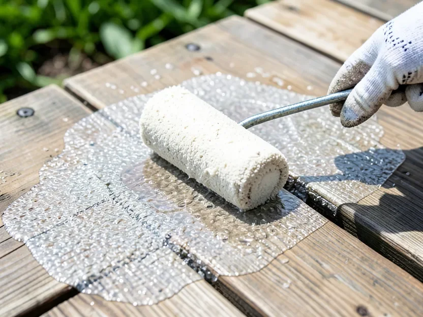 Applying a clear textured anti-slip coating to a wood deck board with a roller