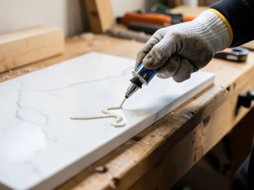 Applying a bead of flexible polyurethane construction adhesive to the underside of a marble slab before bonding it to wood