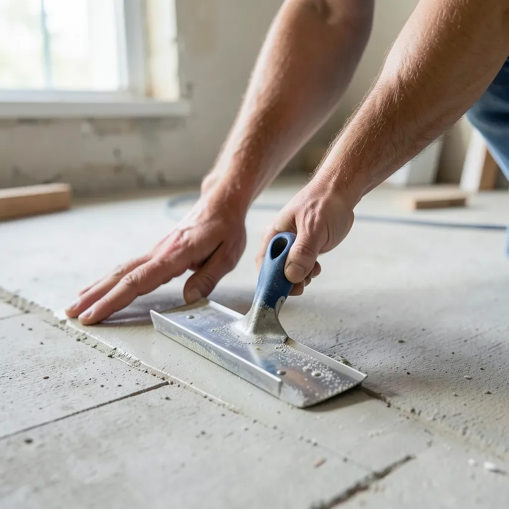 Spreading vinyl flooring adhesive onto a subfloor with a notched trowel