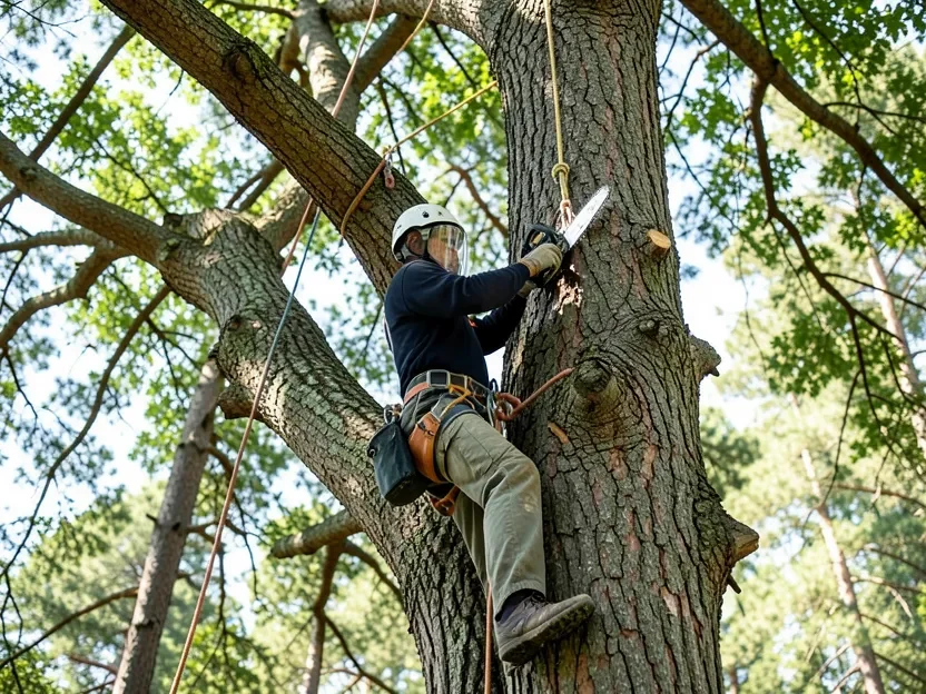 Arborist using a top handle chainsaw one-handed while secured by a climbing harness in a tree