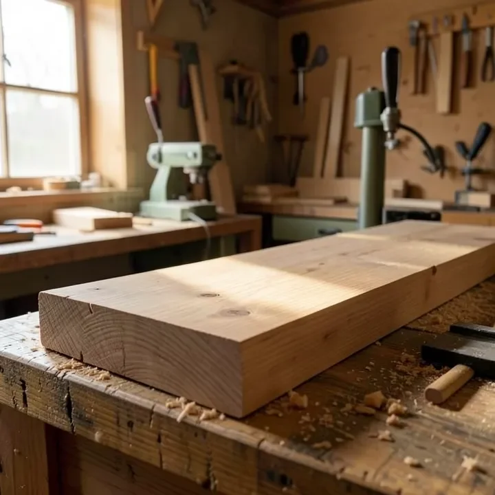Close-up of a dense white ash hardwood lumber board with tight, straight grain on a woodworking workbench