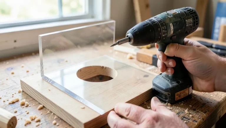 Drilling an oversized pilot hole in plexiglass before screwing it to a wood board