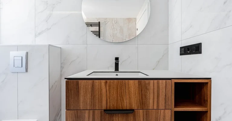 Modern walnut bathroom vanity finished with water-resistant wood topcoat