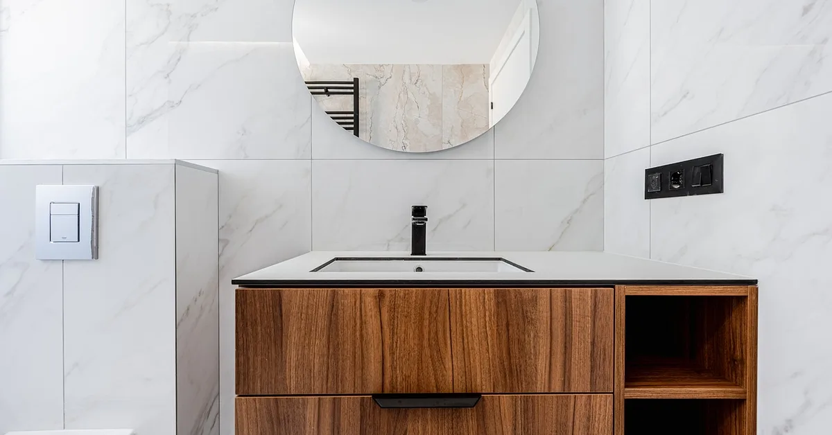 Modern walnut bathroom vanity finished with water-resistant wood topcoat