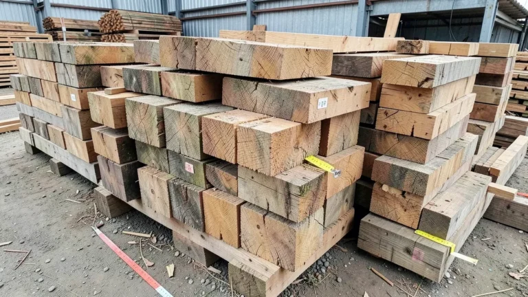 Stacks of large square wooden timbers in a lumber yard with tape measures