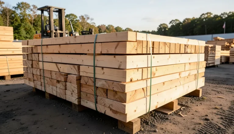 Large bundled stack of lumber at an outdoor lumberyard
