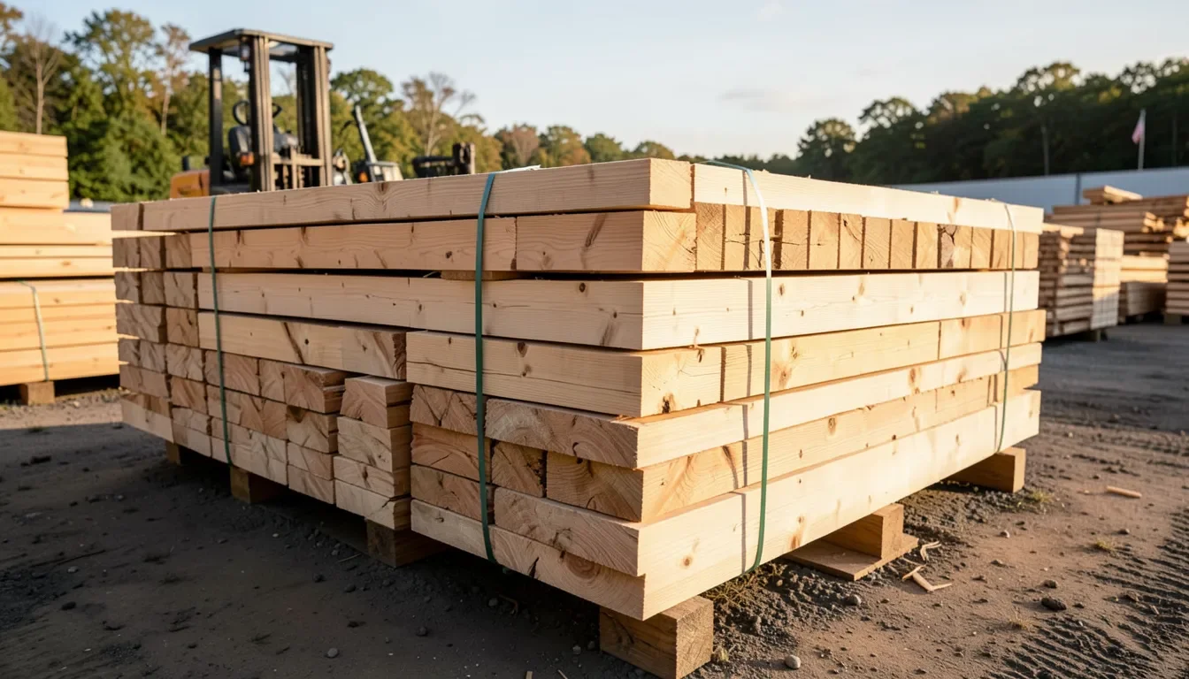 Large bundled stack of lumber at an outdoor lumberyard
