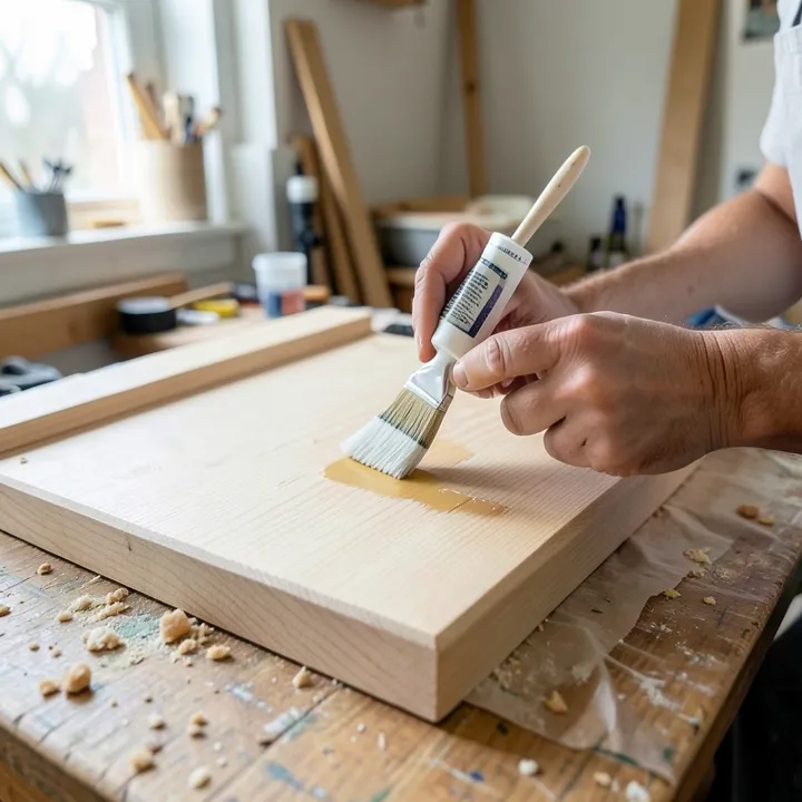 Applying primer to a dry wood board before painting Applying primer to a dry wood board before painting