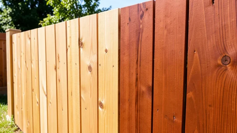 Cedar fence boards next to redwood fence boards showing the natural color and grain difference