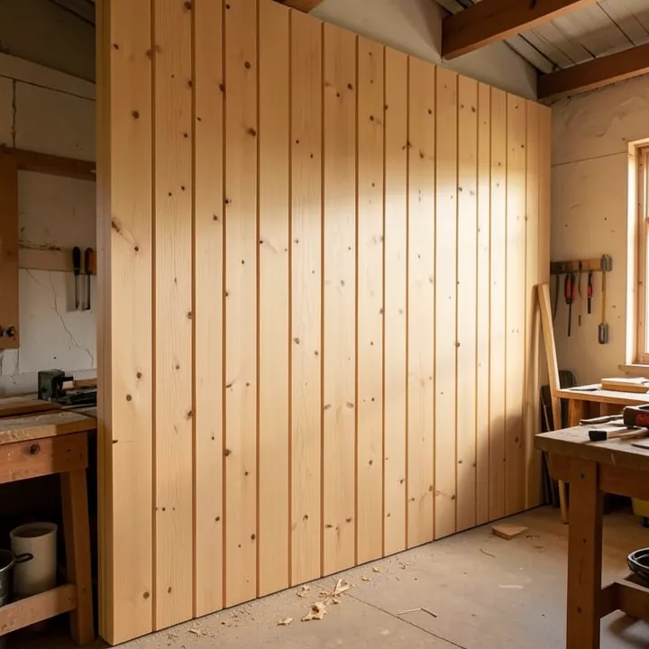 Light-toned cedar wood plank wall paneling installed vertically in a warm interior room Light-toned cedar wood plank wall paneling installed vertically in a warm interior room