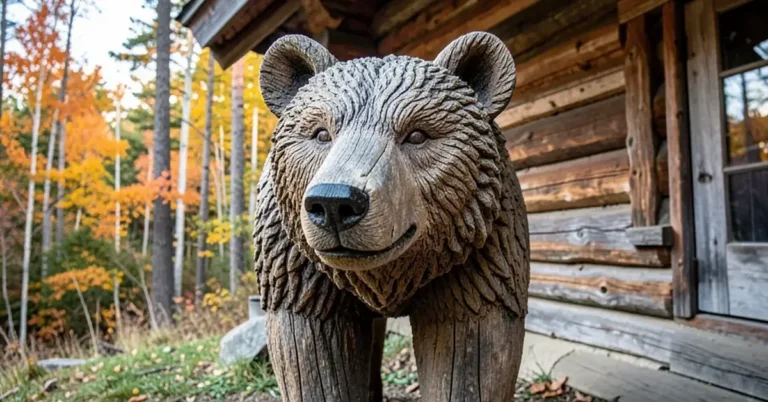 Chainsaw-carved wooden bear sculpture standing outside a log cabin