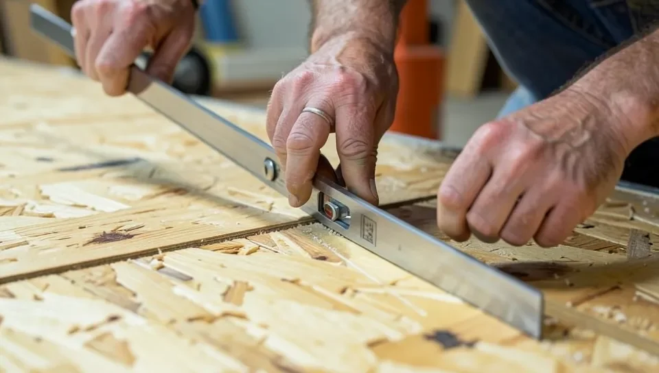 Installer checking subfloor flatness with a straightedge before laying wood flooring