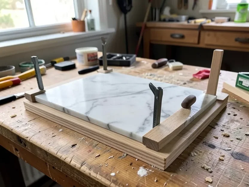 A marble slab clamped onto a wood tabletop base while flexible construction adhesive cures