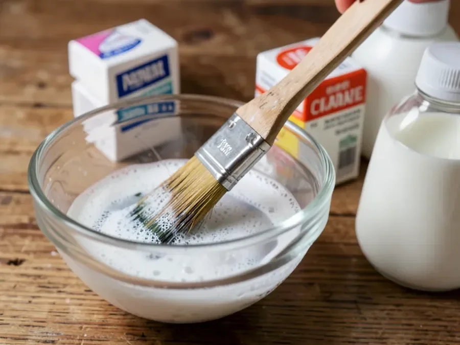 Paintbrush being cleaned with soapy water, baking soda, and vinegar as natural mineral spirits alternatives
