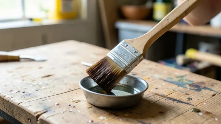 Stained paintbrush being cleaned in a tray of mineral spirits on a workbench