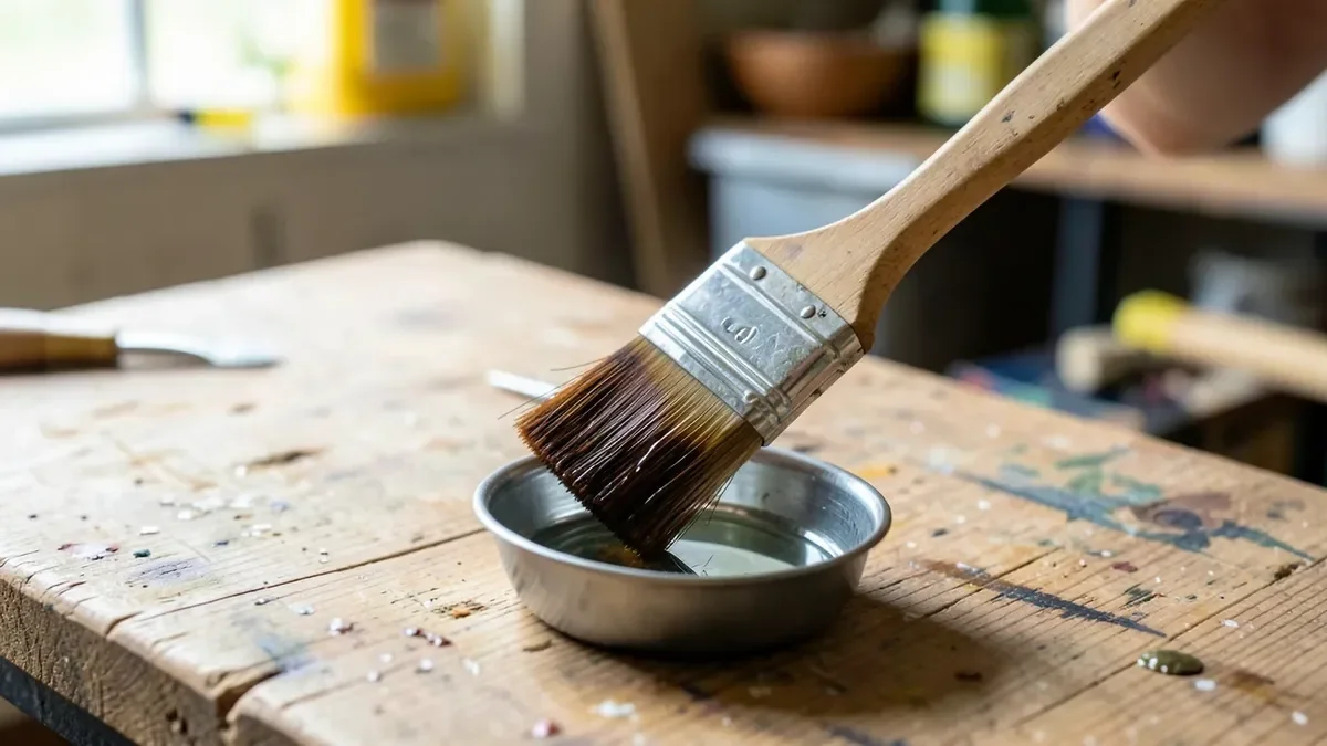 Stained paintbrush being cleaned in a tray of mineral spirits on a workbench