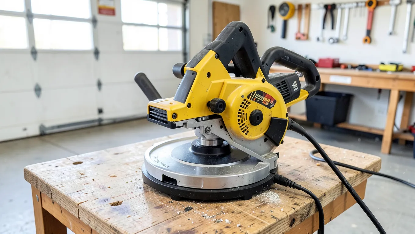 Compound miter saw on a workbench with its power cord visible