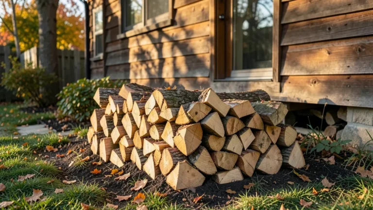 Neatly stacked full cord of split hardwood firewood beside a house