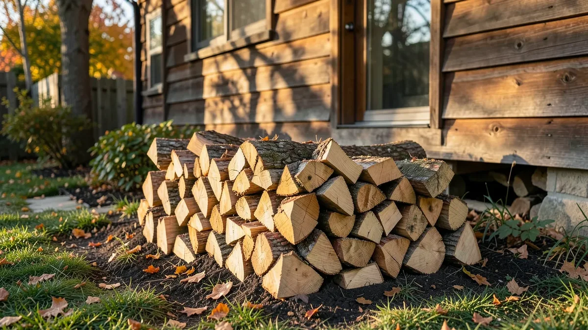Neatly stacked full cord of split hardwood firewood beside a house