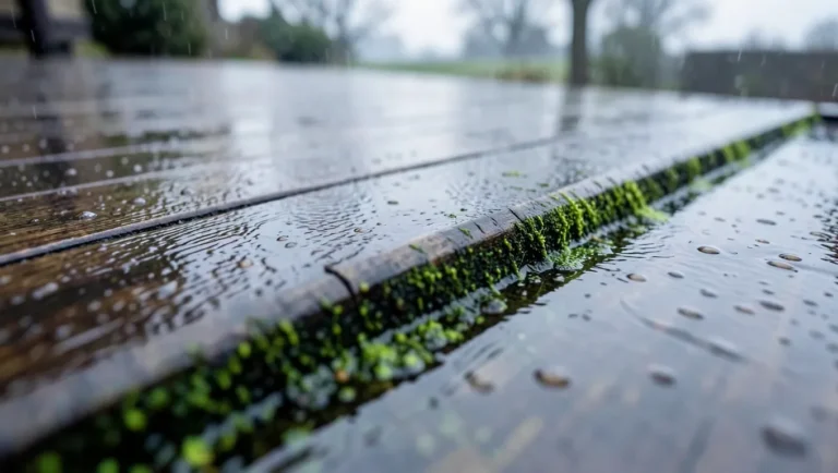 Wet wooden deck boards with algae buildup causing a slippery surface
