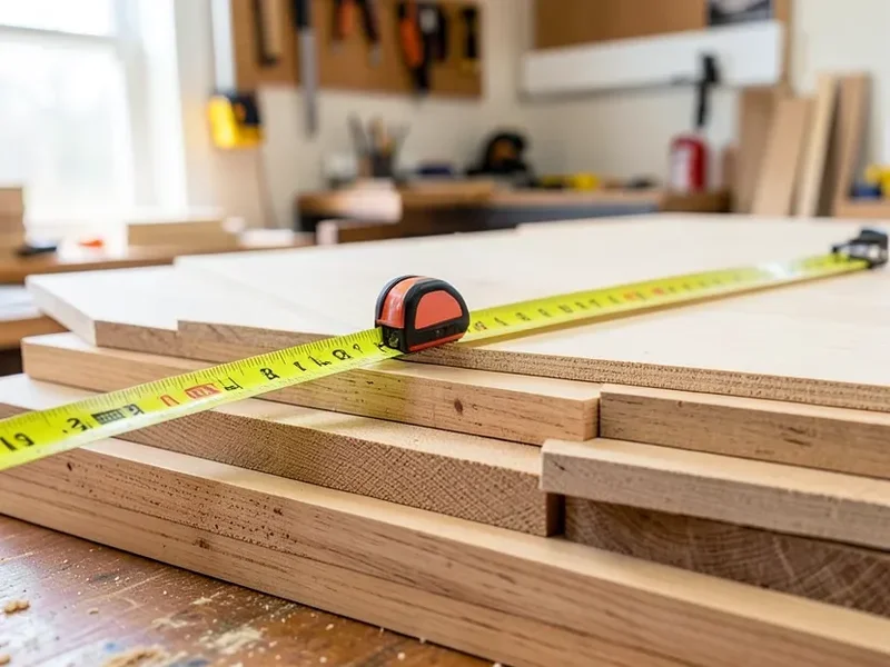 Tape measure laid across a stack of different-sized dimensional lumber boards in a workshop