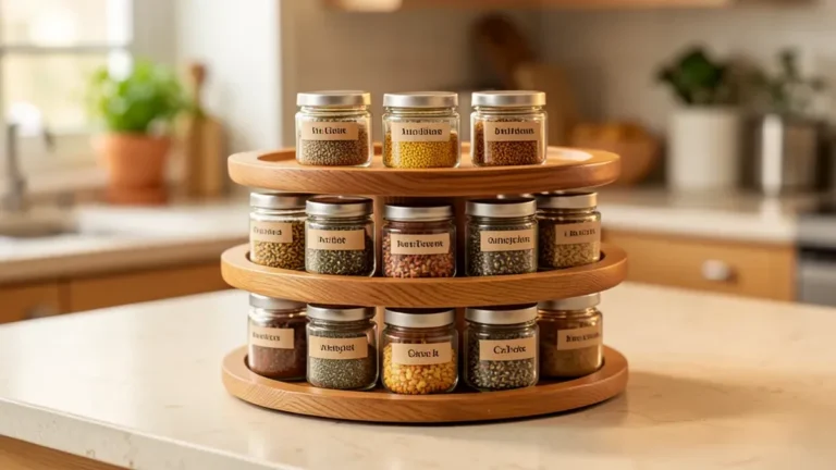 DIY three-tier wooden circular spice rack filled with labeled spice jars on a kitchen counter