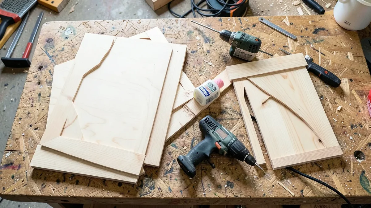 Pre-cut furniture kit parts with drill, clamps, and glue on a workbench